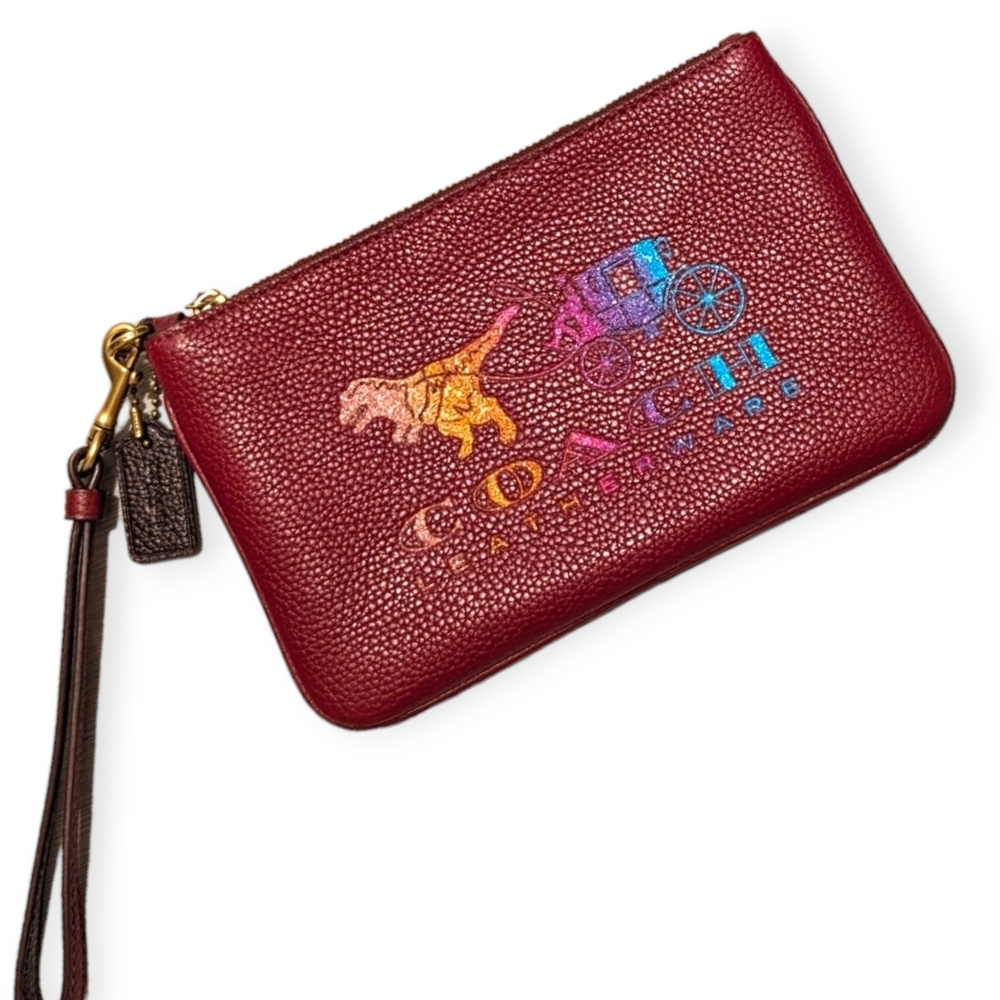 Coach Wristlet Rexy Carriage Deep Red Glitter Wristlet Medium Zip Wallet 88770